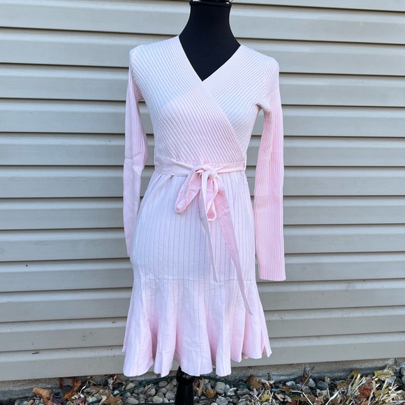 New Pink Faux Wrap V-neck Belted Ribbed Mini Long Sleeve Sweater Dress - Picture 6 of 9
